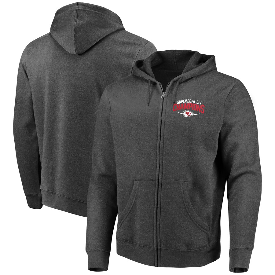 Men Kansas City Chiefs NFL Pro Line by Fanatics Branded Super Bowl LIV Champions Replay FullZip Hoodie  Heather Charcoal